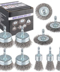 Ten Pack Carbon Steel Wire Wheel Cup Brush And Pen Brush Set With One Quarter Inch Hex Shank For Rust Removal and Surface Scrubbing shown