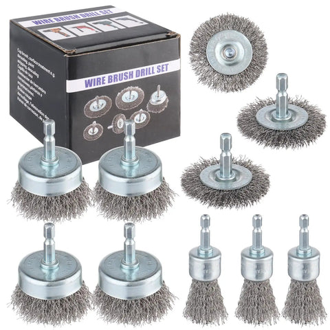 Ten Pack Carbon Steel Wire Wheel Cup Brush And Pen Brush Set With One Quarter Inch Hex Shank For Rust Removal and Surface Scrubbing shown