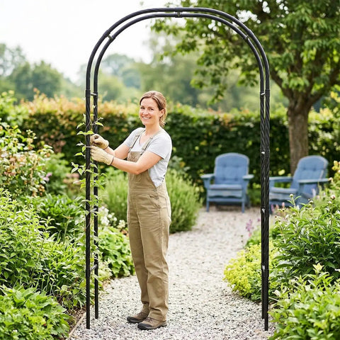 Person assembling a Rustproof Metal Garden Arch Trellis With PE Coating, Easy Assembly, 7.9 Ft High By 4 Ft Wide in a garden setting.
