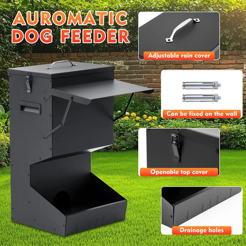 2 Pack Heavy Duty Automatic Dog Feeder With Tight Seal Lid 25 Pound Capacity Weather Resistant Outdoor Hanging Bowl Feeder For Big Guys displayed outdoors with adjustable cover.