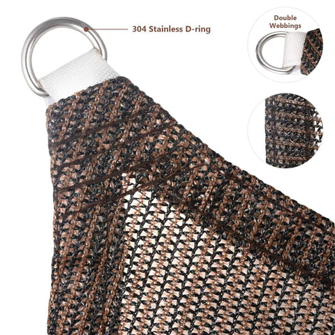 Close-up of brown 5x7 sun shade sail showcasing 180gsm HDPE mesh fabric with 304 stainless steel D-ring and double webbings.