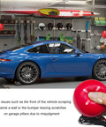 Garage Tennis Ball Parking Aid Kit With Adjustable 13 Foot Rope Hanging Stopper in use with blue car in garage setup.