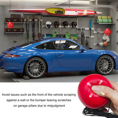 Garage Tennis Ball Parking Aid Kit With Adjustable 13 Foot Rope Hanging Stopper in use with blue car in garage setup.