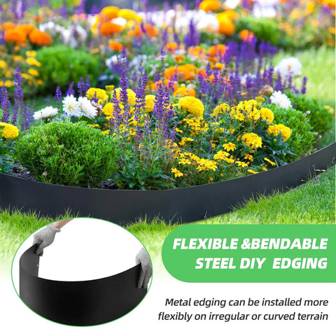 Heavy Duty Steel Landscape Edging Kit Eight Point Four Inch Height By Forty Inch Length Panels Six Pieces Galvanized Steel Twenty Feet Total Hammer In Edging Black Finish bordering a vibrant flower bed
