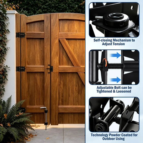 Heavy Duty Self-Closing Gate Hinges For Wooden And PVC Fences, Adjustable Spring Tension, Self-Closing Gate Hardware Kit, Black Finish, 2-Pack For Garden Gates And Fences on wood gate