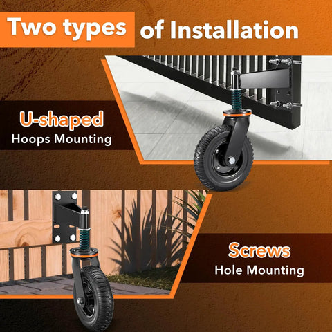 8 Inch Heavy Duty Fence Gate Wheel With 360 Degree Rotation Spring Loaded Rubber Caster 700 Lbs Capacity Fits Metal Tube Or Wooden Gates No Fuss Install With Straight Bolts And U Bolts in U-shaped and screw mounting