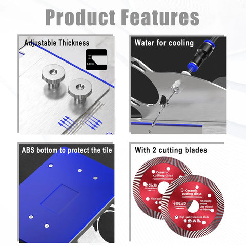 Product features of Versatile 45 Degree Tile Chamfering Tool Stand For Angle Grinders, showing adjustable thickness, cooling tube, ABS bottom, and cutting blades