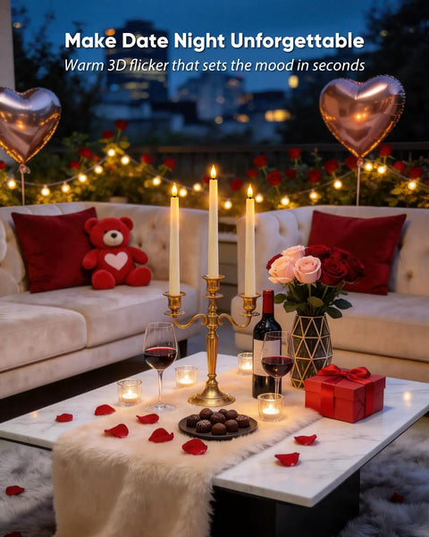 Romantic date night setup with flickering candles, wine, roses, and heart decor on a cozy patio.