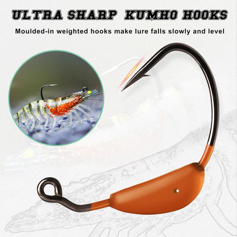 Close-up of Duramax Pre Rigged Soft Fishing Lures with BKK Hooks, showcasing tear-resistant TPE shrimp bait and weighted hook design.