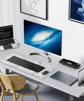 Extended White Topographic Gaming Mouse Pad Desk Mat 31.5 Inch By 11.8 Inch Long XL Pad For Gaming And Office on a modern desk
