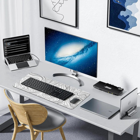 Extended White Topographic Gaming Mouse Pad Desk Mat 31.5 Inch By 11.8 Inch Long XL Pad For Gaming And Office on a modern desk