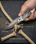 Fish Style Damascus Folding Knife With Ladder Pattern Blade Copper Finish Brass Engraved Handle And Leather Sheath cutting rope