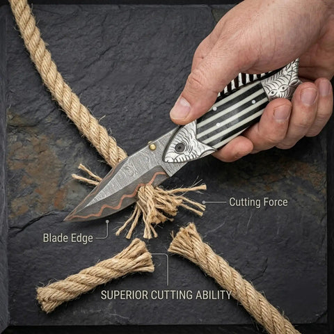 Fish Style Damascus Folding Knife With Ladder Pattern Blade Copper Finish Brass Engraved Handle And Leather Sheath cutting rope