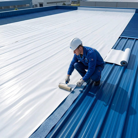 Self Adhesive Waterproof Roofing Roll, Hella Tough Self Stick Underlayment, installation on metal roof with a worker using a roller.