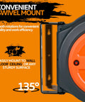 Retractable Extension Cord Reel With 50 Ft 16 AWG SJTOW Cable Ultra Heavy Duty Polypropylene Case Industrial Grade Power Cord 3 Core Triple Tap Connector Ultra Flexible For Commercial Work Sites with convenient swivel mount.