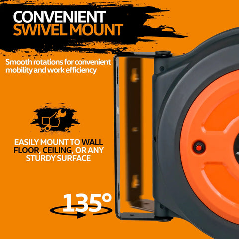 Retractable Extension Cord Reel With 50 Ft 16 AWG SJTOW Cable Ultra Heavy Duty Polypropylene Case Industrial Grade Power Cord 3 Core Triple Tap Connector Ultra Flexible For Commercial Work Sites with convenient swivel mount.