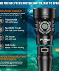 Four In One Dive Light For Scuba with flood, spot, red, UV modes, USB-C charging port, battery indicator, IP68 waterproof.