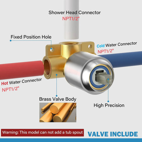 Brushed Nickel Shower Faucet Set With 8 Inch Rainfall Showerhead, Single Handle Valve Included, detail of brass valve connections