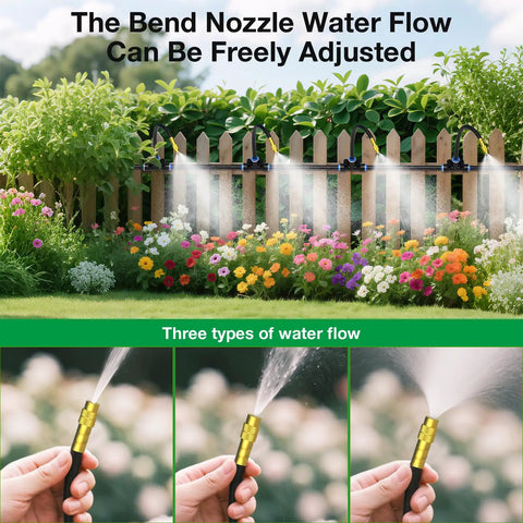 20 Pack 360 Degree Adjustable Drip Irrigation Nozzles For One Quarter Inch Tubing in garden showing various spray patterns.