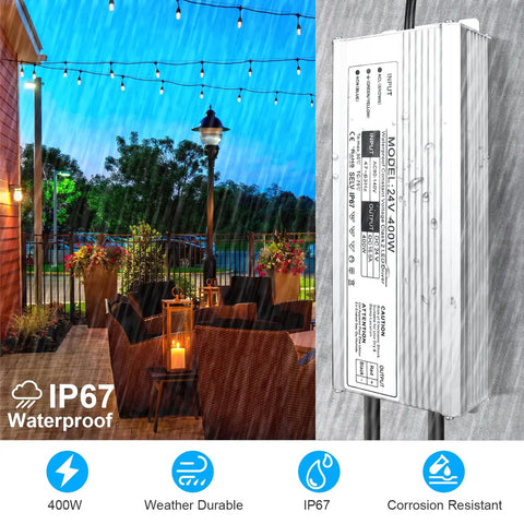 Rugged 400W IP67 Waterproof LED Driver Power Supply 90-140V AC To 24V DC 16.6A with patio lights in rain