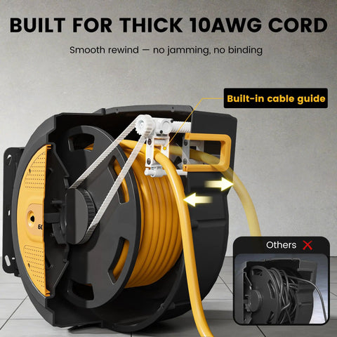 Retractable 40 Foot Extension Cord Reel With 10 AWG Heavy Duty SJTOW Cable, 20A Breaker Protected, black and yellow reel