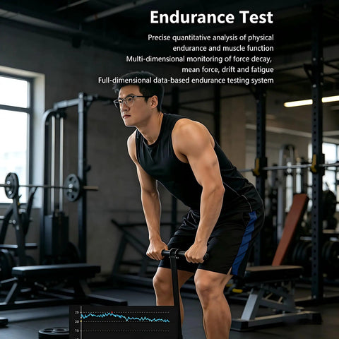 500kg Isometric Strength Tester With Push Pull Force Sensor App Control Rate Of Force Development And Peak Force Metrics Standard Edition For Explosive Power And Endurance Testing Built For Beast Mode. man testing endurance in gym with pull handle