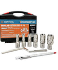 CORTOOL 9-pc annular cutters set with Weldon shank, 3/4 in diameter, HSS M2, includes pilot pin and carbide tipped pen