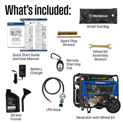 What's included with Tri-Fuel Portable Generator With Remote Electric Start, Transfer Switch Ready, 12500 Peak Watts Gas Propane Natural Gas