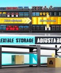 Heavy Duty Metal Garage Shelving 79 Inch Wide 4 Tier Adjustable Storage Rack Matrix Frame showing before and after adjustments.