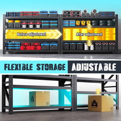 Heavy Duty Metal Garage Shelving 79 Inch Wide 4 Tier Adjustable Storage Rack Matrix Frame showing before and after adjustments.