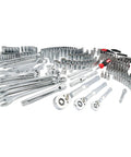 Heavy Duty 308 Piece Mechanics Tool Set With Low Profile Ratchets And 72 Tooth Socket Wrench Trays displayed on a white background.