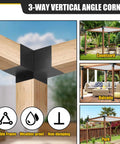 Collage showcasing 4x4 Woodworks Pergola Brackets Kit, 3-Way Corner Extension in various outdoor settings, including balcony and courtyard.