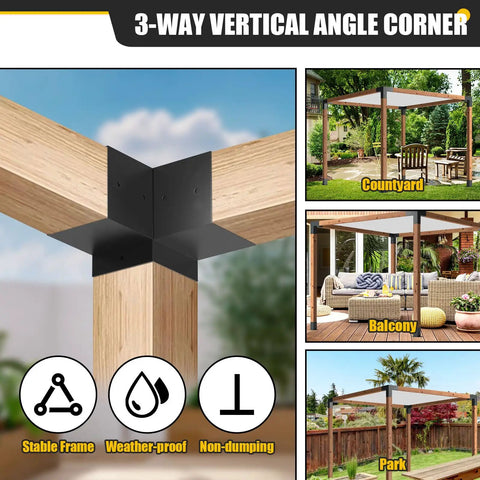 Collage showcasing 4x4 Woodworks Pergola Brackets Kit, 3-Way Corner Extension in various outdoor settings, including balcony and courtyard.