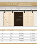 Diagram showing how to choose box track size for 20 Foot Heavy Duty Box Rail Exterior Sliding Barn Door Hardware Kit with dimensions.