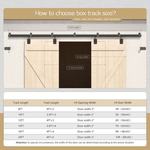 Diagram showing how to choose box track size for 20 Foot Heavy Duty Box Rail Exterior Sliding Barn Door Hardware Kit with dimensions.