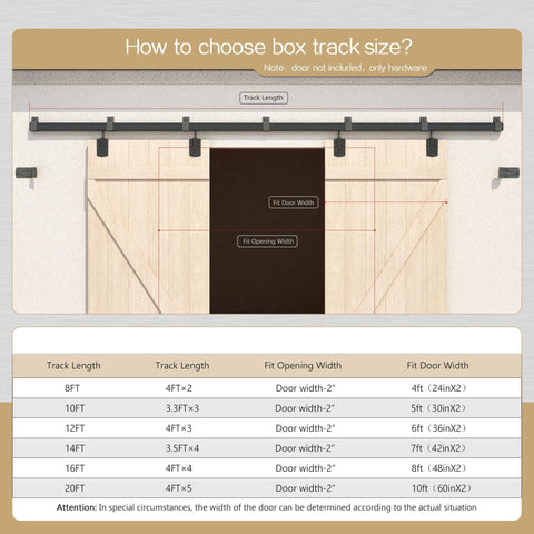 Diagram showing how to choose box track size for Heavy Duty Outdoor Sliding Barn Door Hardware Kit, 16 Ft Rail System.