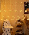 Dazzle Bright Ramadan Curtain String Lights With 138 LEDs Warm White Star Moon Fairy Lights 8 Lighting Modes With Remote 12 Hooks