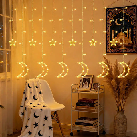Dazzle Bright Ramadan Curtain String Lights With 138 LEDs Warm White Star Moon Fairy Lights 8 Lighting Modes With Remote 12 Hooks