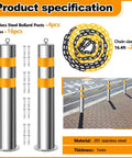 Rock Solid 4 Pack Stainless Steel Parking Bollards With Heavy Duty Barrier Chains Hella Tough For Outdoor Security Posts Driveway Protection And Garage Entry, showing 80cm posts and chain.