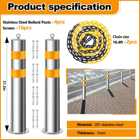 Rock Solid 4 Pack Stainless Steel Parking Bollards With Heavy Duty Barrier Chains Hella Tough For Outdoor Security Posts Driveway Protection And Garage Entry, showing 80cm posts and chain.
