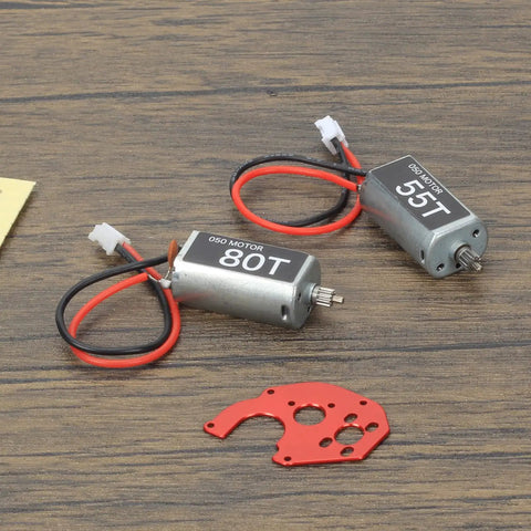 050 Brushed 55T And 80T Motors For One Twenty Fourth SCX24 crawlers, showing 11T steel pinion gear and red mounting plate