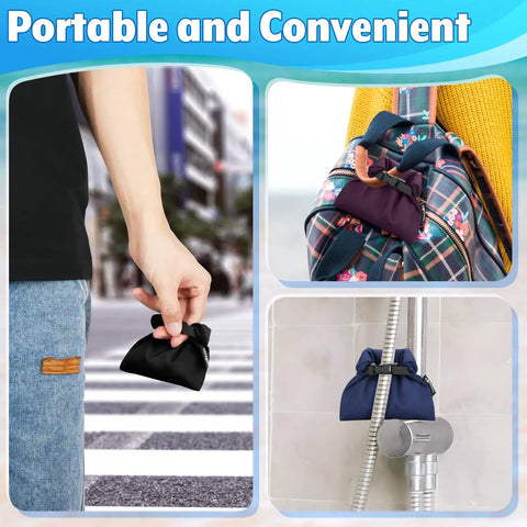 Three Pack Waterproof Dry Bags Set for Outdoor Adventures shown in hand, on a backpack, and hanging in a bathroom.