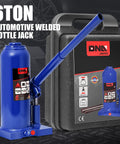 DNA Jacks 6-ton hydraulic bottle jack, blue with long handle, shown with carrying case.