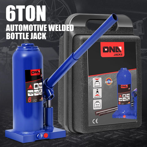 DNA Jacks 6-ton hydraulic bottle jack, blue with long handle, shown with carrying case.