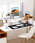 Large Desk Pad 47.2 Inch By 17 Inch Leather Desk Pad Protector with Natural Cork and PU Leather on office desk setup