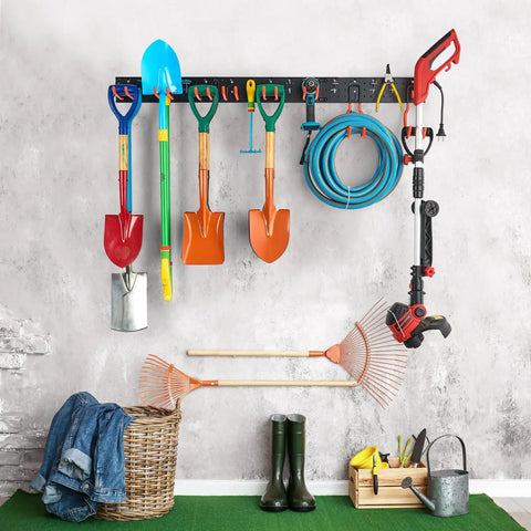 Heavy Duty Multi Storage Garage Hooks Wall Mounted Garden Tool Organizer Featuring Rock Solid Rails For Bikes Rakes Shovels Push Brooms And Outdoor Gear Top Shelf Home Layout Game Changing Clutter Crusher Solution
