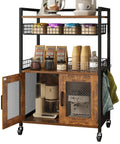 Rustic Brown Coffee Bar Cart on Wheels, 3 Tier Coffee Station Table With Pull Out Wire Basket Drawer, Five Hooks, Cabinet With Two Doors