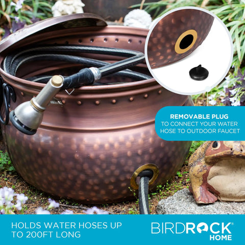 Water Hose Holder With Lid Ground Garden Hose Pot For Indoor And Outdoor Use Copper Accents Steel Construction With Handle Decorates Patio Or Deck Keeps Hose Neat Protected And Ready To Go. Visible hose and removable plug detail for faucet connection.
