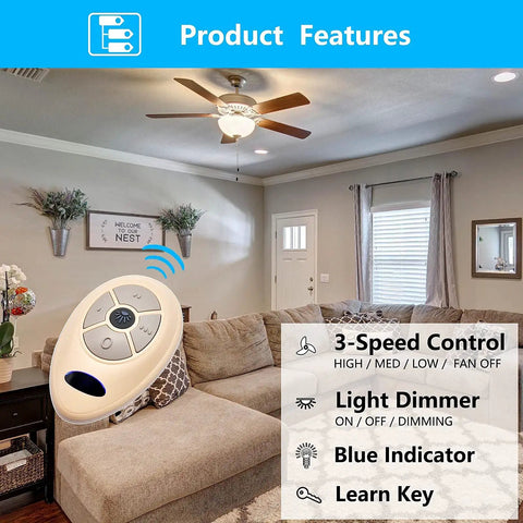 Replacement Ceiling Fan Remote For Harbor Breeze Allen Roth, 303.9MHz With 3 Speed Light Dimmer Learn Key, room view