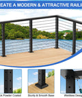 Heavy Duty 36 Inch Stainless Steel Cable Railing Corner Post Featuring 90 Degree L Drilled Holes For Clean Lines And Easy As Pie Assembly Matte Black Finish, installed on a deck.